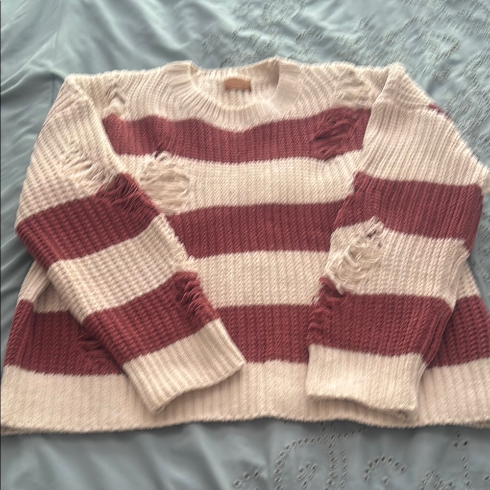 POL Cream and Red Crew Neck Striped Sweater